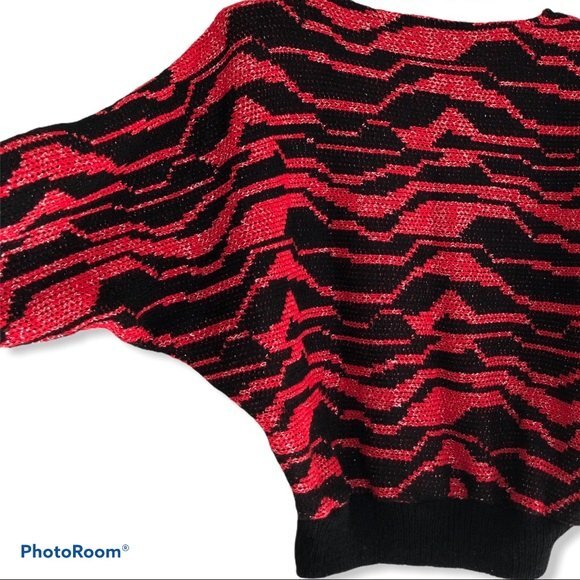Vintage Batwing Sweater Womens Medium Black Red Metallic Geometric Dolman 80s 90 - Picture 2 of 8